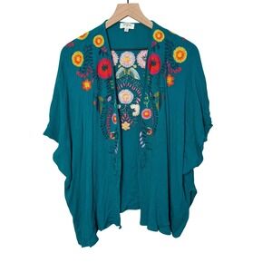 Umgee Teal Embroidered Floral Kimono Cardigan Lightweight Boho Festival S/M